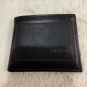 GUESS Black Leather Bi-Fold Wallet with Red Contrast Stitching